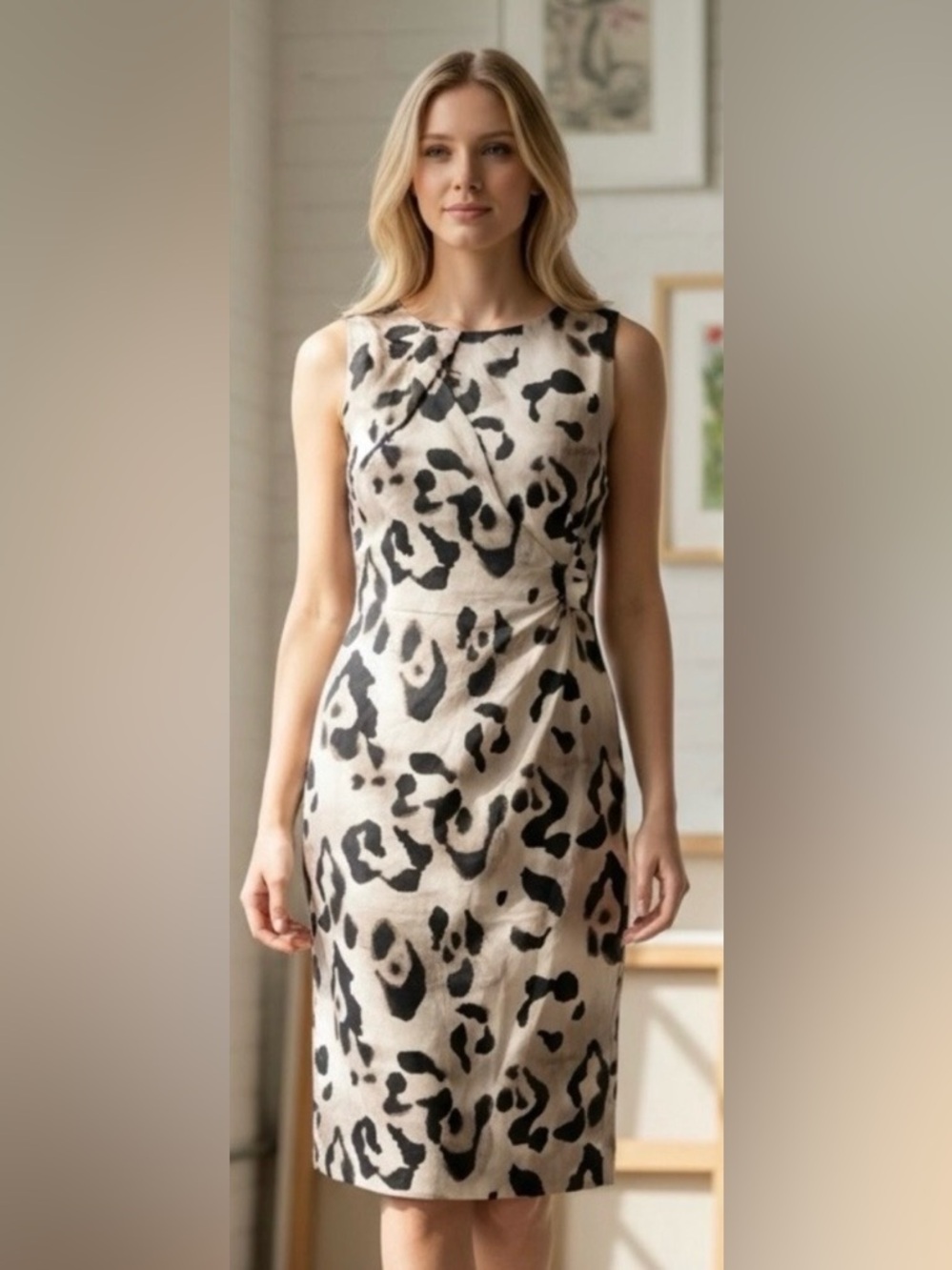 Ann Taylor Beige and Black Leopard-Print Sleeveless Midi/Mini Dress